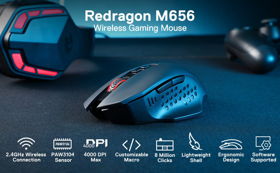 Redragon M656 Gainer Wireless Gaming Mouse, 4000 DPI 2.4Ghz Wireless Gamer Mouse w/ 5 DPI Levels, 7 Macro Buttons, Red LED Backl Lootquake LLC