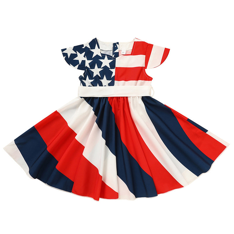 Toddler Girls' Independence Day Dress Red White & Blue Stripes And Stars Short Sleeve Twirl Dress 4th Of July Pi-Mart