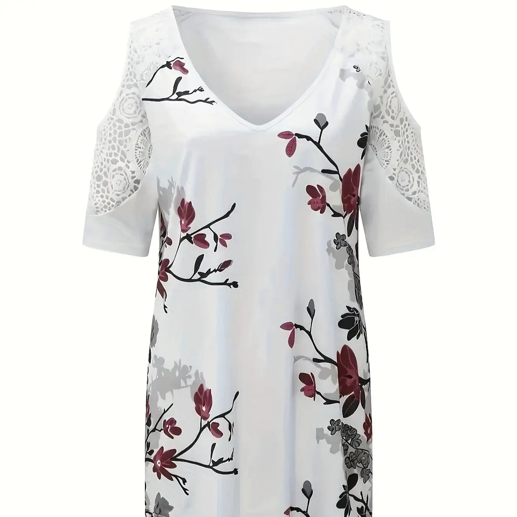 Women's V-neck Floral Print Contrasting Lace Off Shoulder Top - SJB-DIAMOND ELITES