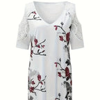 Women's V-neck Floral Print Contrasting Lace Off Shoulder Top - SJB-DIAMOND ELITES