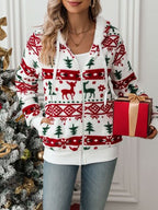 White Drawstring Christmas Element Zip-Up Hooded Jacket Winter Cute Stylish Holiday Outerwear For Her