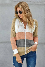 Womens Multicolor Zipped Front Colorblock Hollow-out Knit Hoodie - SJB-DIAMOND ELITES