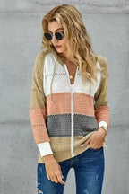 Womens Multicolor Zipped Front Colorblock Hollow-out Knit Hoodie - SJB-DIAMOND ELITES