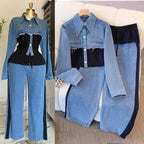 Two Piece Sets Women Pant Set Denim Splice Matching Sets Spring Top Wide Leg Long Pants Casual Loose Lace Up High Waist Jogger Purplish Diva