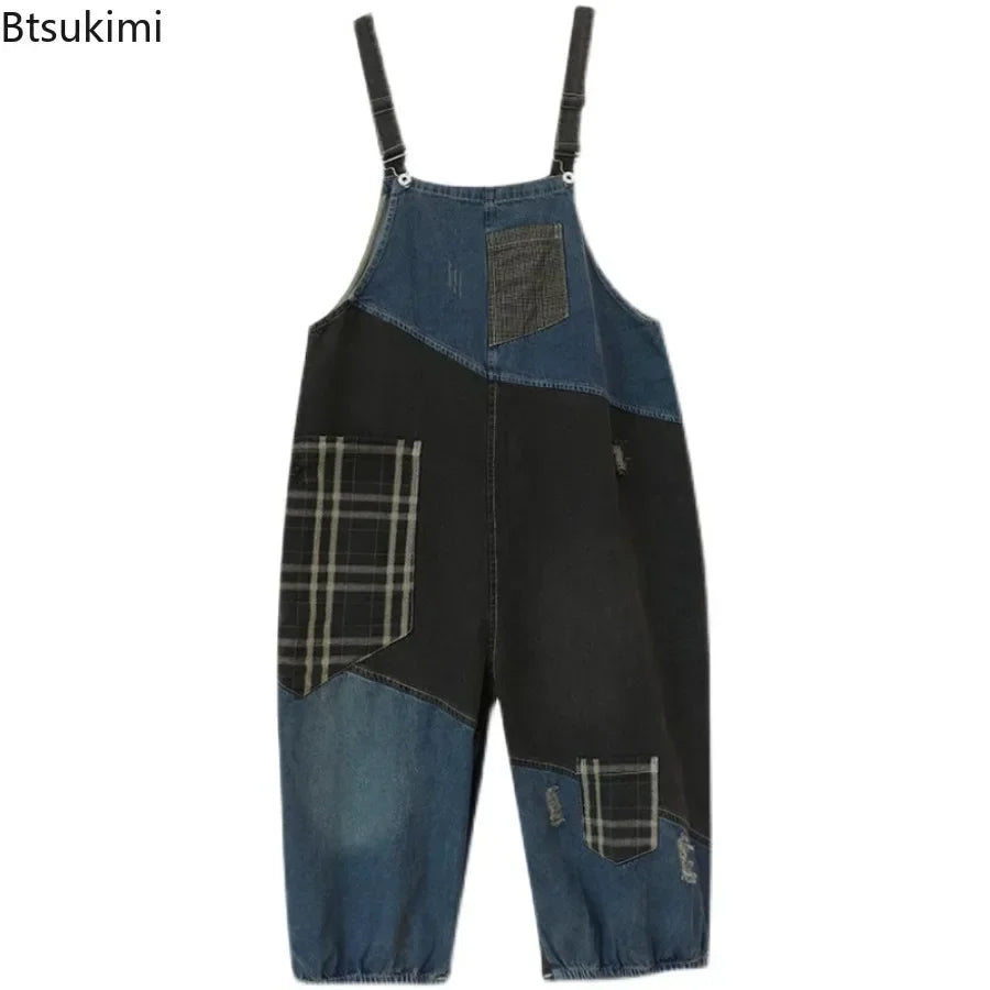 Oversized Denim Straps Pants Women's Fashion Plaid Patchwork Jumpsuits Casual Loose Ladies Wide Leg Reducing Age Jeans Rompers Purplish Diva