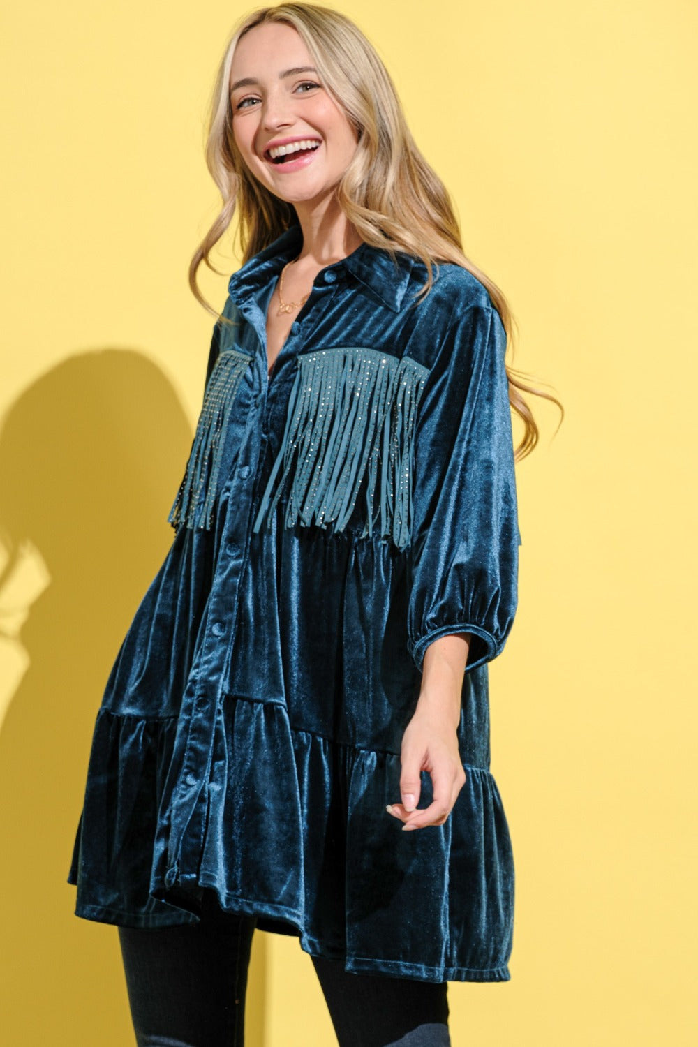 Fringe Detailed Velvet Shirt Dress – Velvet Shirt Dress, Fringe Detail Dress, Luxurious Shirt Dress, Elegant Velvet Dress, Playful Fringe Dress Stevvex