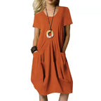 Women's Dress With Pockets Cotton Linen Solid Color Loose Round Neck Short Sleeve Dress Summer Pi-Mart