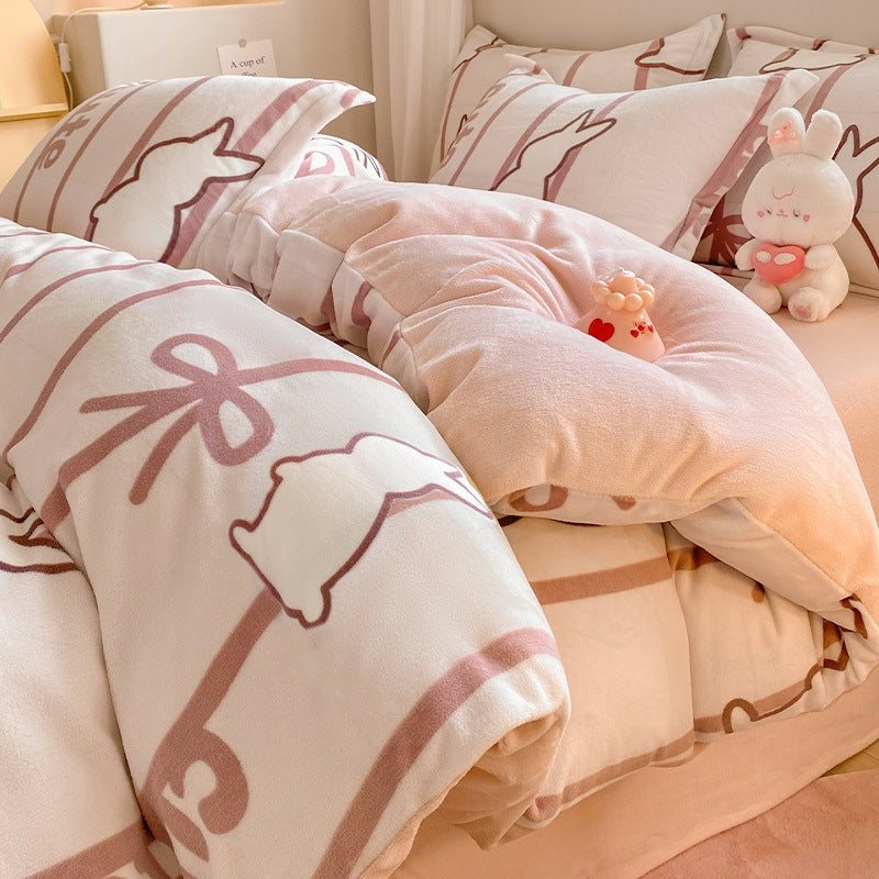 Winter Thickening Milk Fiber Bed Four-piece Coral Velvet Quilt Cover Flange Double-sided Bed Sheet Three-piece Bedding Pi-Mart