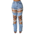 Women's Destroyed Ripped Hole Denim Pants Pearl Rhinestones Chain Distressed Slim Fit Skinny Jeans Y2K Night Club Party Jeans Purplish Diva