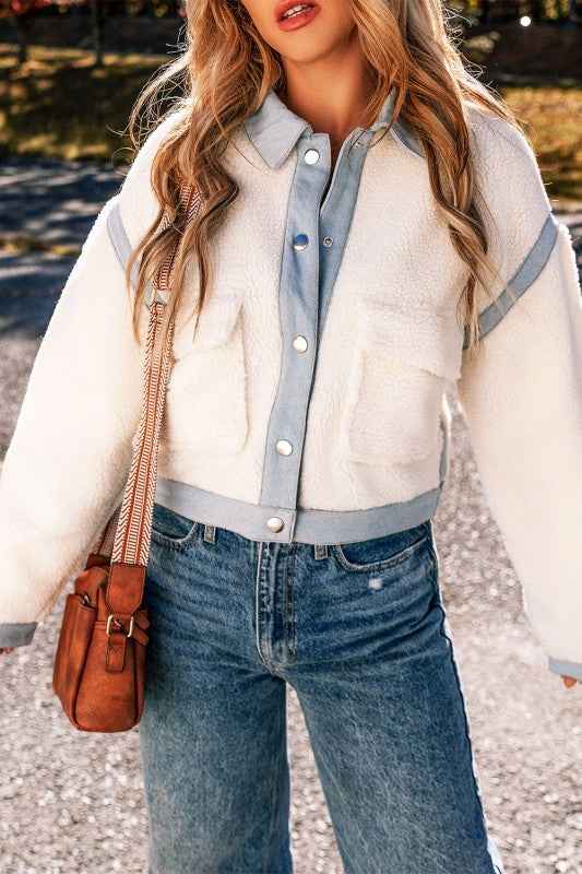 Solid Contrast Trim Buttoned Sherpa Jacket THRIXINE