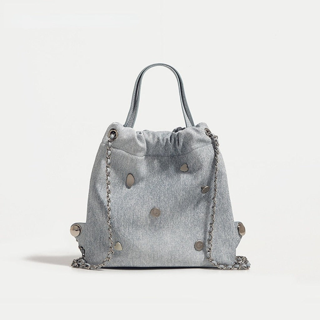 Denim blue chain backpack female, stylish and simple multi-functional portable shoulder bag, large capacity backpack with top handle - SJB-DIAMOND ELITES