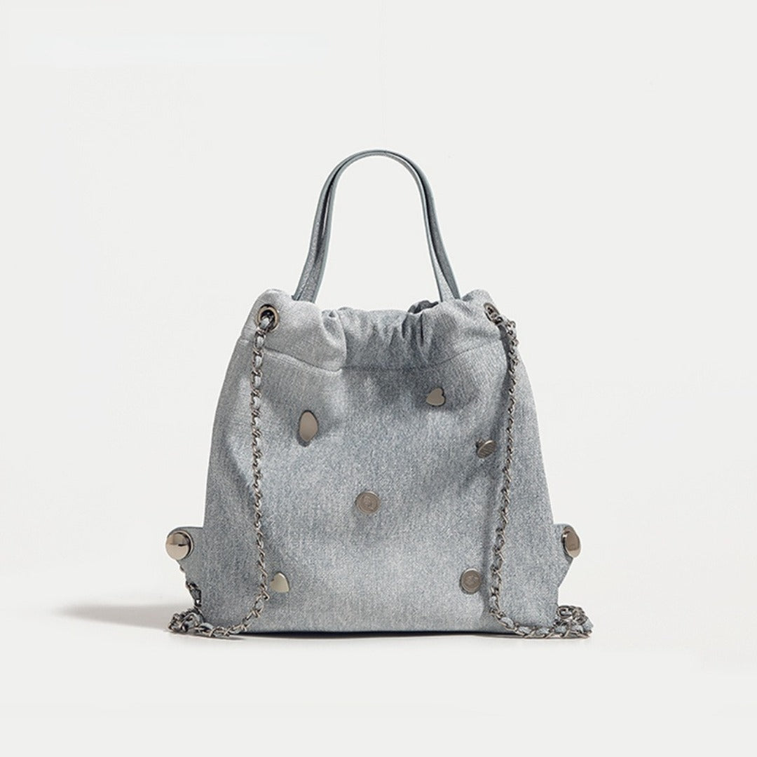 Denim blue chain backpack female, stylish and simple multi-functional portable shoulder bag, large capacity backpack with top handle - SJB-DIAMOND ELITES