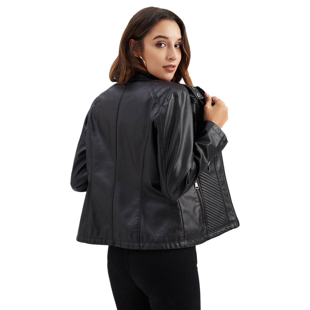 Simple European And American Trend Thin Coat Long Sleeve Motorcycle Jacket Women Pi-Mart