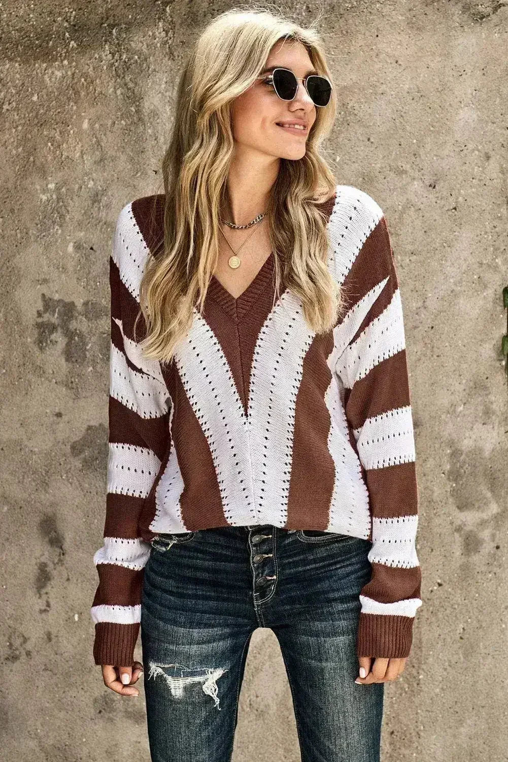 Fashion Brown Striped Colorblock V Neck Knitted Sweater - SJB-DIAMOND ELITES
