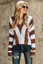 Fashion Brown Striped Colorblock V Neck Knitted Sweater - SJB-DIAMOND ELITES