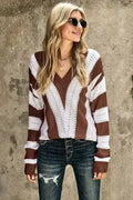 Fashion Brown Striped Colorblock V Neck Knitted Sweater - SJB-DIAMOND ELITES