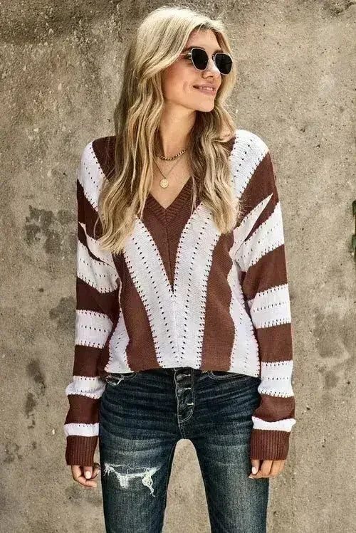 Fashion Brown Striped Colorblock V Neck Knitted Sweater - SJB-DIAMOND ELITES