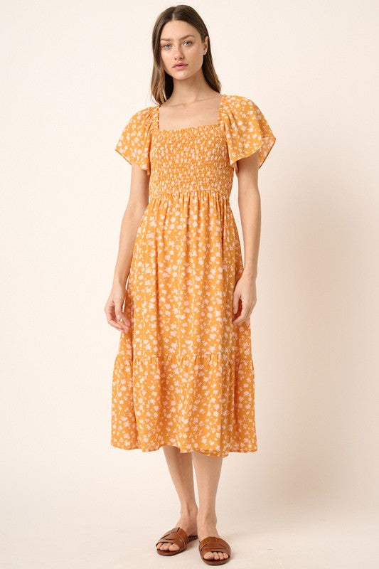 New Summer Flower Print Flutter Sleeve Smocked Midi Dress For Women – Fluttering, Trendy, Romantic and Feminine Style Stevvex