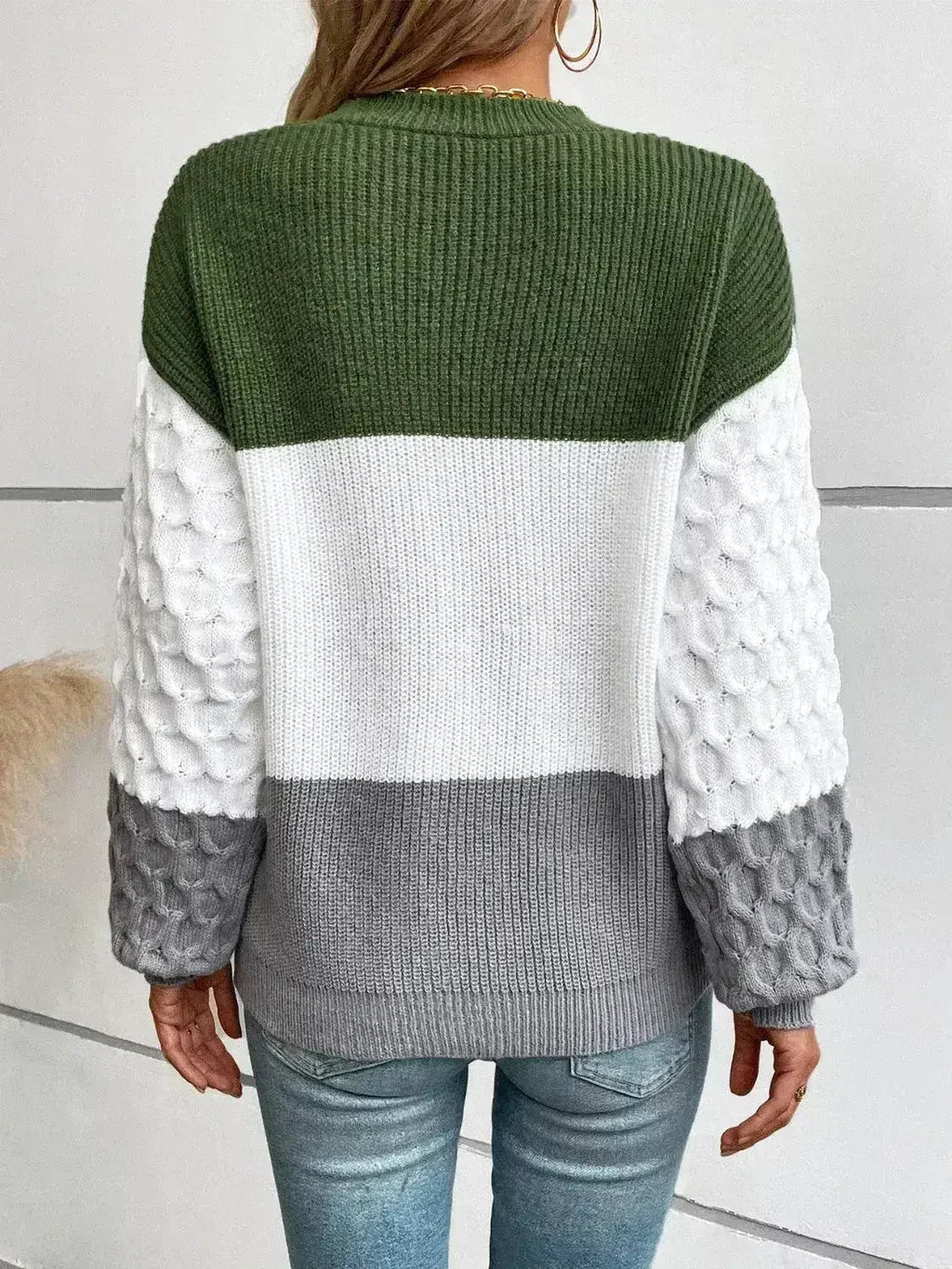 Color Block Round Neck Long Sleeve Sweater - SJB-DIAMOND ELITES