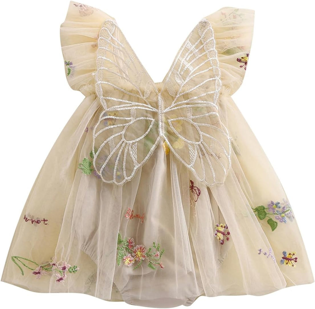 Baby Girl Halloween Costume Butterfly Wing Mesh Flower Sleeveless Tulle Fairy Romper Dress Birthday Tutu Dress - SJB-DIAMOND ELITES