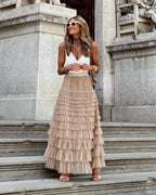 Layered Ruffles Cake Skirt Summer Fashion A Line Swing Mesh Long Skirt Party Dress Women Pi-Mart