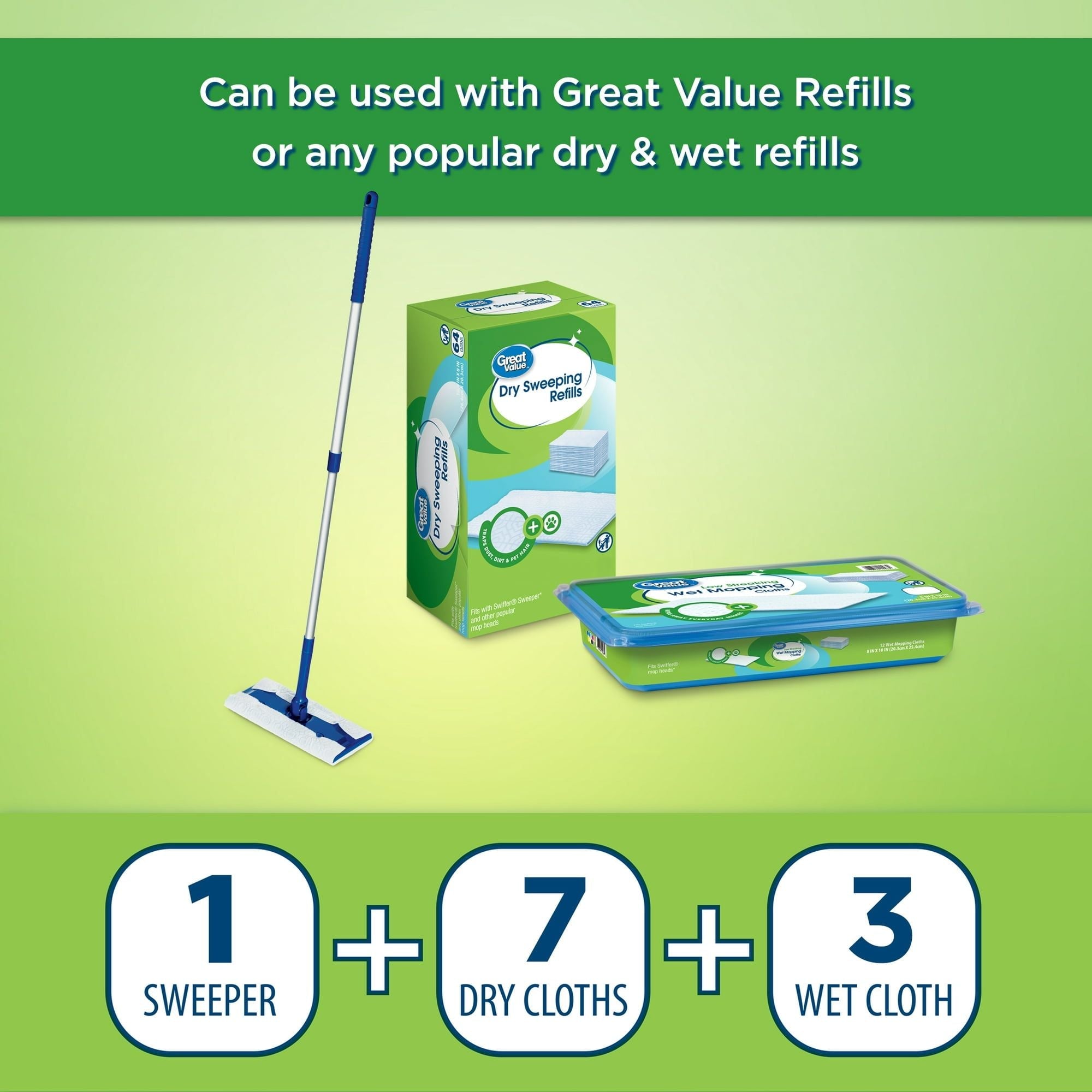 Great Value Wet & Dry Mop Sweeper Kit, 1 Mop Kit, 10 Pad Refills - SJB-DIAMOND ELITES