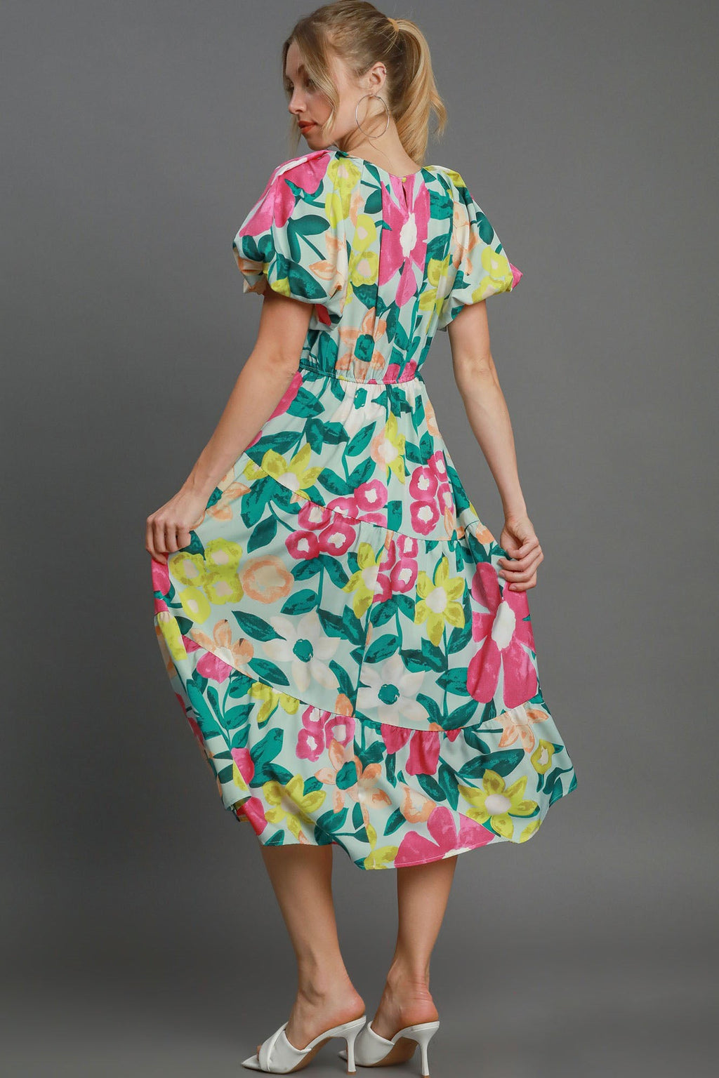 Colorful Full Size Floral Print Puff Sleeve Midi Dress Plus Size Elegant & Feminine Romantic Long Dress Stevvex