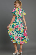 Colorful Full Size Floral Print Puff Sleeve Midi Dress Plus Size Elegant & Feminine Romantic Long Dress Stevvex