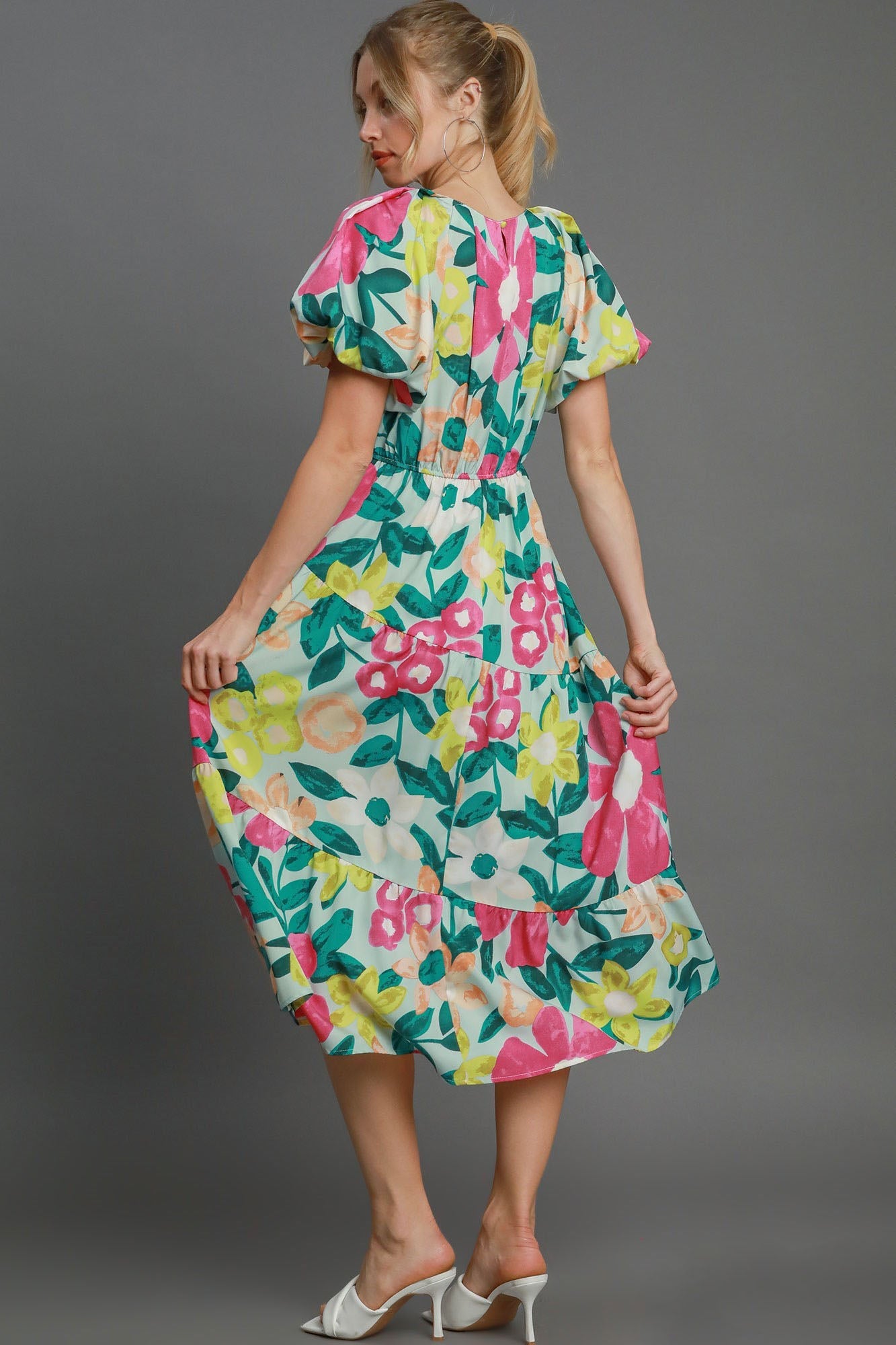 Colorful Full Size Floral Print Puff Sleeve Midi Dress Plus Size Elegant & Feminine Romantic Long Dress Stevvex