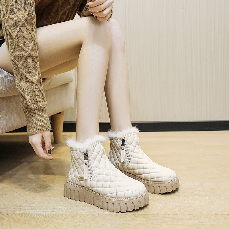 Women's Plaid Pattern Platform Ankle Boots Casual Side Zipper Plush Lined Snow Boots Winter Comfortable Short Boots Pi-Mart