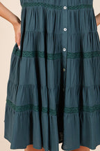 Lace Detail Ruffled Button Down Tiered Dress For Women – Romantic and Feminine Dress with Delicate Lace and Flowing Tiers