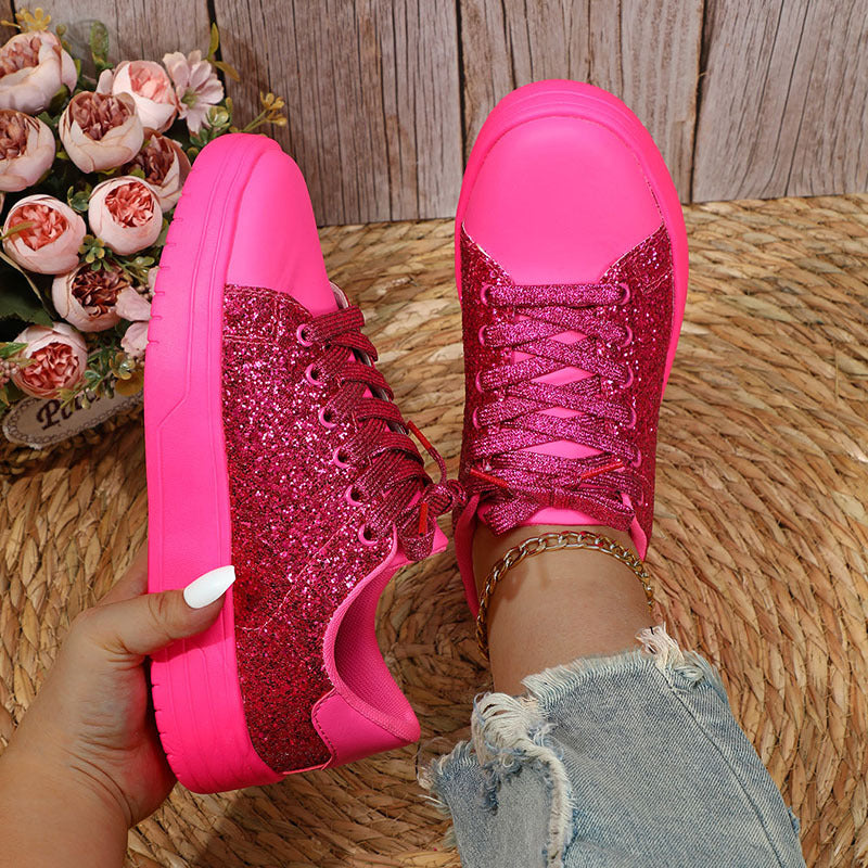 Glitter Sequin Design Flats Shoes Women Trendy Casual Thick-soled Lace-up Sneakers Fashion Skateboard Shoes Pi-Mart