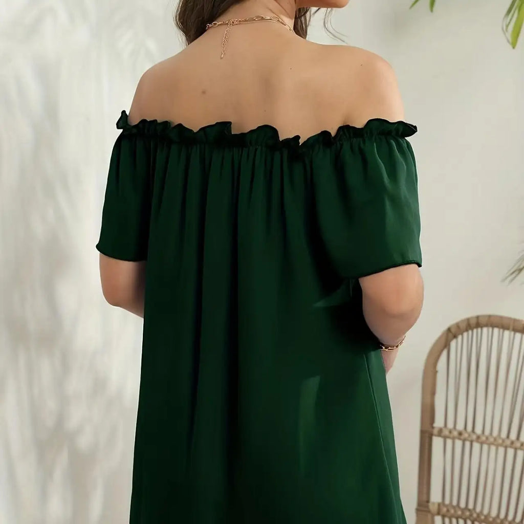 Women's Solid Color Off Shoulder Pleated Decorative Dress, One Shoulder Casual Dress - SJB-DIAMOND ELITES
