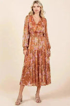 Mittoshop Flower Print Satin Lurex Stripe Smocked Midi Dress