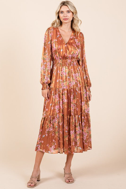 Flower Print Satin Lurex Stripe Smocked Midi Summer Dress – Elegant Midi Dress, Satin Lurex Dress, Floral Dress, Smocked Waist Dress, Romantic Midi Dress, Special Occasion Dress Stevvex