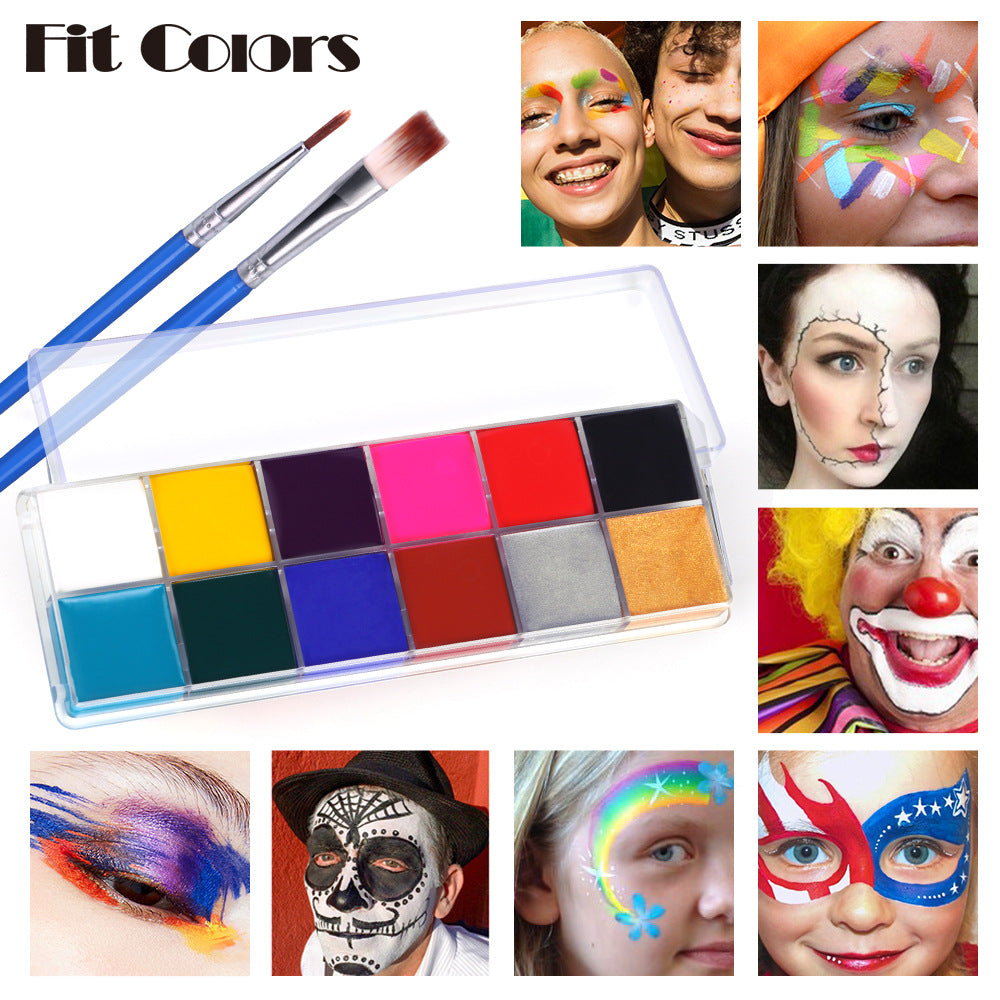 Fit Colors 12 Colors Face Paint Water Soluble Human Body Paints Halloween Masquerade Makeup Palette Brush Pi-Mart