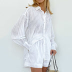 Women's Graceful And Fashionable Striped Puff Sleeve Shorts Suit Pi-Mart