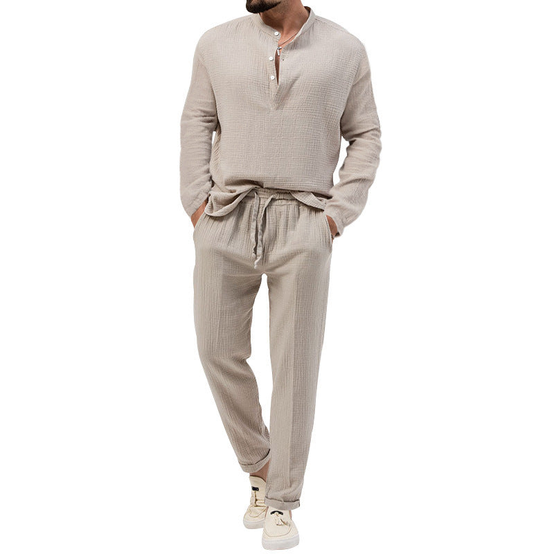Men's Solid Color Casual Long Sleeve Shirt And Trousers Suit Lootquake LLC