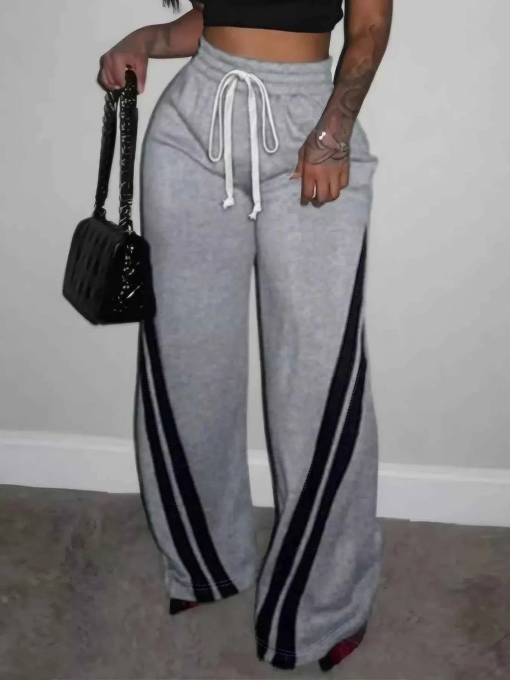 Plus Size Striped Contrast Wide Leg Pants THRIXINE