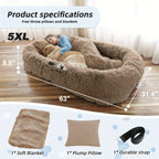 Orthopedic Human Dog Bed 71"x45"x12" Oval Washable Faux Fur Pet Bed with Plump Pillow, Blanket & Strap - Non-Slip Spa Design for All Dog Sizes, Grey, Cozy Nap Spot, Cozy Aesthetic, Durable Polyester, Home Lounging