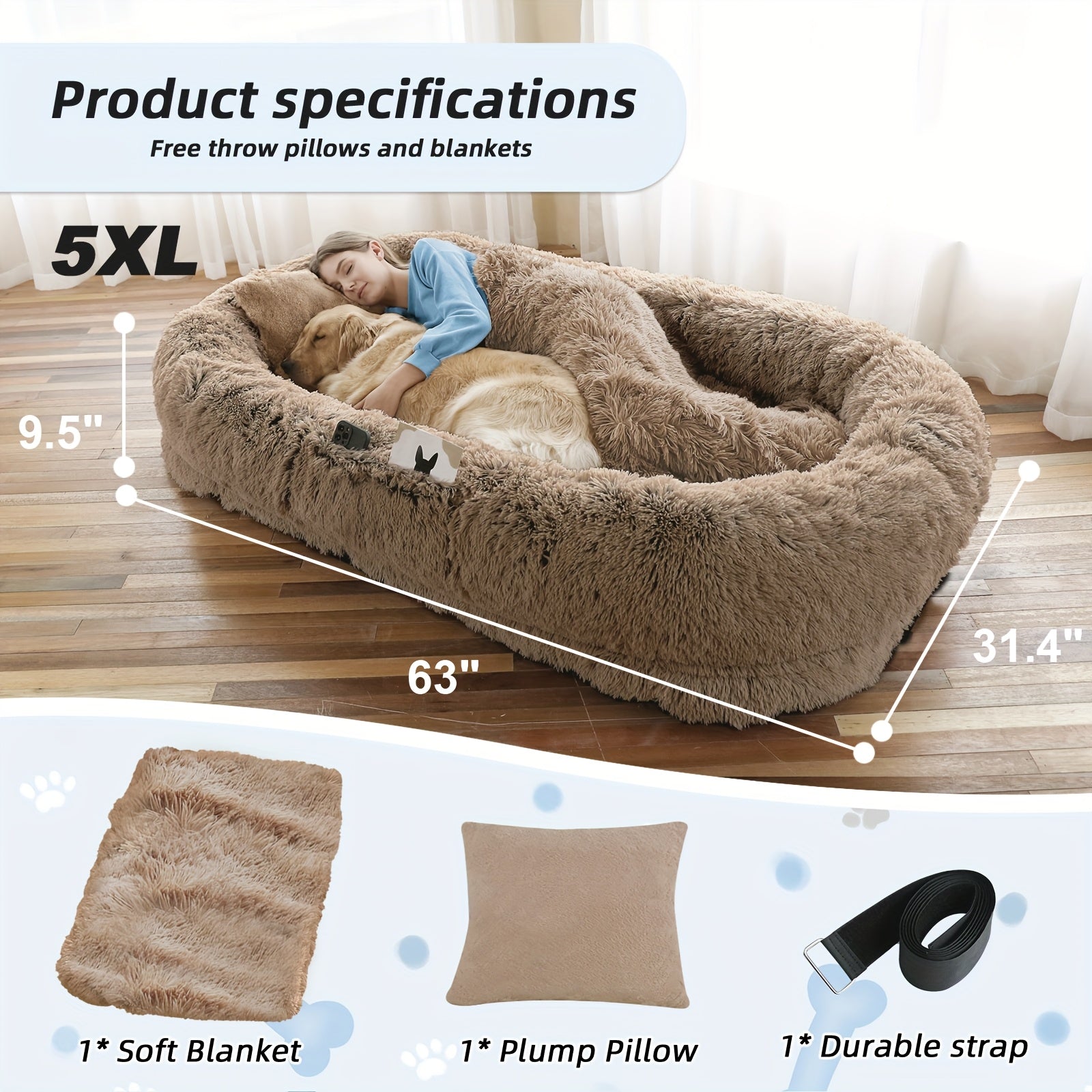 Orthopedic Human Dog Bed 71"x45"x12" Oval Washable Faux Fur Pet Bed with Plump Pillow, Blanket & Strap - Non-Slip Spa Design for All Dog Sizes, Grey, Cozy Nap Spot, Cozy Aesthetic, Durable Polyester, Home Lounging