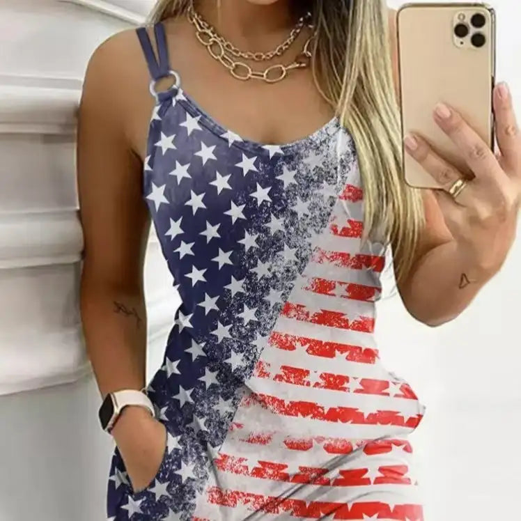 Ladies' V-neck American Flag Star Striped Pocket Shoulder Strap Mini Dress, Independence Day Dress - SJB-DIAMOND ELITES