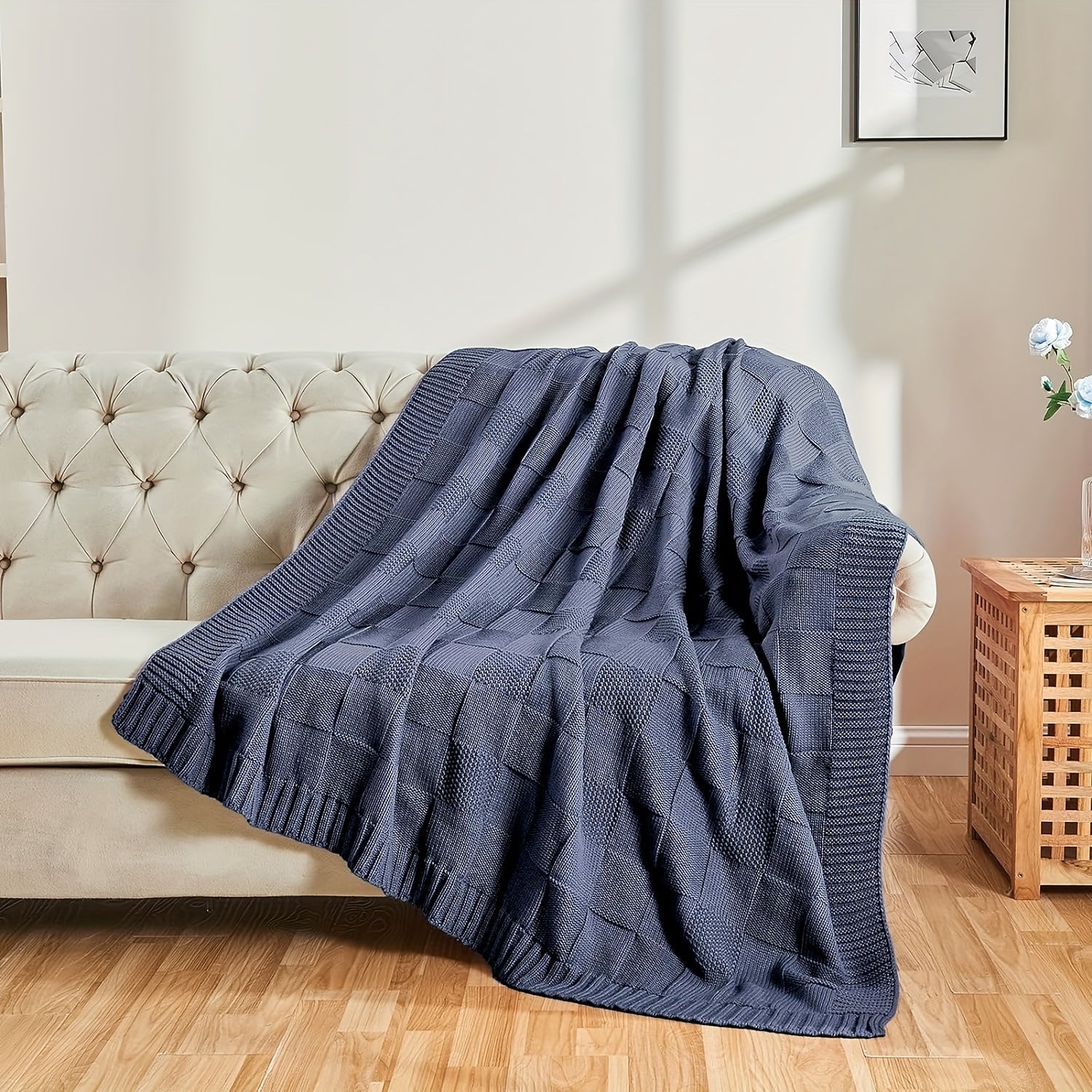 1pc Knit Throw Blanket, White Checkered Throw Blanket For Couch, Soft Cozy Warm Knitted Throw Blanket For Bed Sofa Lootquake LLC