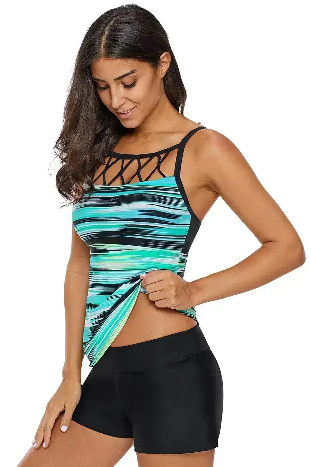 Greenish Tie Dye Striped Strappy High Neck Tankini Top - SJB-DIAMOND ELITES