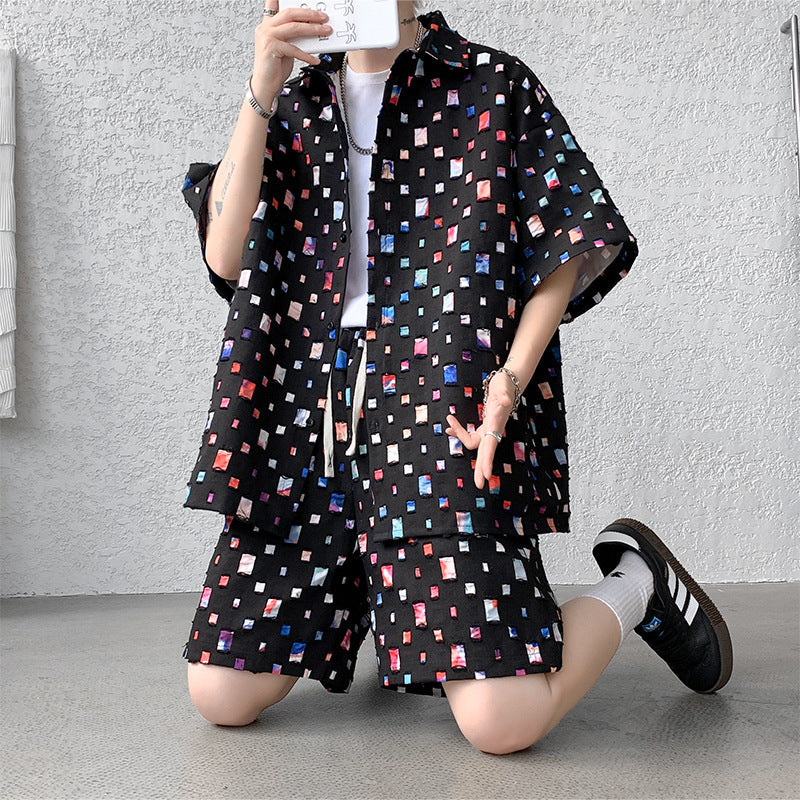 Summer New Chessboard Plaid Shirt Short Sleeve Shorts Suit Lootquake LLC