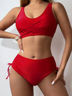 Bikini Twist Front V Neck High Waist 2 Piece Bikini Set for Women – Stretchy Tie Back Swimsuit with Drawstring Lace Up and Comfortable Fit – Trendy Solid Color Swimwear for Beach Days Pool Parties and Summer Vacations