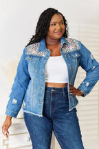 Leopard Floral Denim Jacket - Distressed Raw Hem | Femstylo