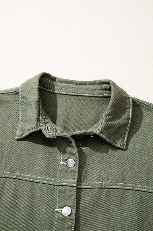 Denim Button-Up Patch Pocket Collared Jacket THRIXINE
