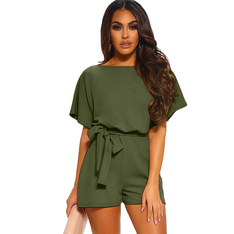 Women's Round Neck Short-sleeved Lace-up Jumpsuit Pi-Mart
