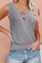 Gray Crisscross Hollow-out Knit Tank Top - SJB-DIAMOND ELITES